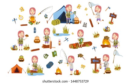 Set a fashionable girl with pink hair tourist in nature. Camping. Fishing, overnight, picking mushrooms, fun and relaxation. Children's camp. Scouts. Cute Vector Illustration