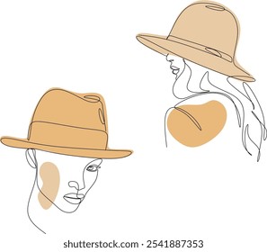 Conjunto de meninas na moda em chapéu, desenho linear em estilo boho. Rosto feminino. A ilustração vetorial é desenhada à mão sem inteligência artificial