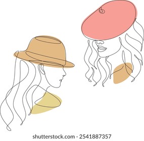 Conjunto de chicas de moda en sombrero, dibujo lineal en estilo boho. Cara de mujer. La Ilustración vectorial se dibuja a mano sin inteligencia artificial