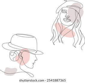 Set of fashionable girls in hat, linear drawing in boho style. Female face. Vector illustration is hand drawn without artificial intelligence