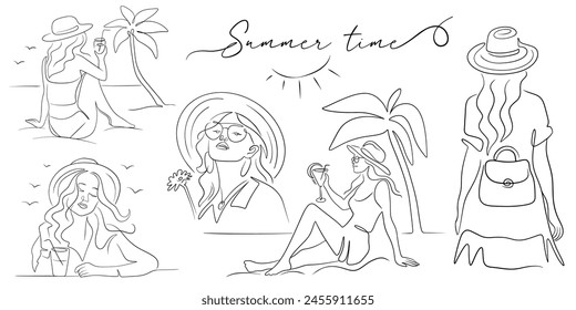 Set of fashionable girls on vacation in line art vetor for summer design, hand-drawn text