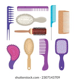 Set of fashionable hair combs.Vector isolated illustration on white background, hairdresser style accessories, hair dryer