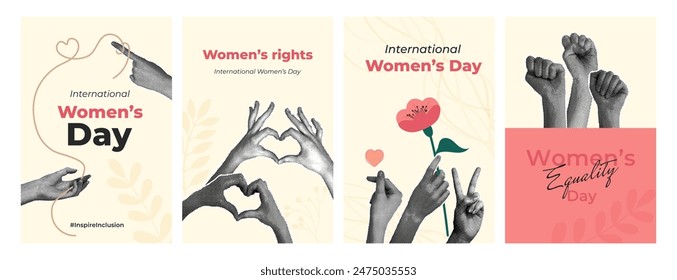 A set of fashionable halftone collages. The concept of feminism.Allyship and sisterhood. Feminism. Collaboration of women's communities. Woman's Day. Vector illustration