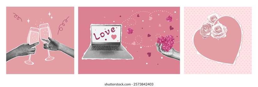 Set of fashionable halftone collages. Concept of celebration, congratulations, fun. Hands holding glasses with sparkling wine,glitter heart, halftone roses