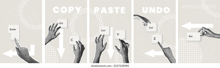 A set of fashionable halftone collages. Key combination Ctrl Z,C,V, Esc,Enter.Enter,copy,paste,return,cloud,confirm,send message. Keyboard, computer, keyboard shortcut, laptop, input device,hotkeys