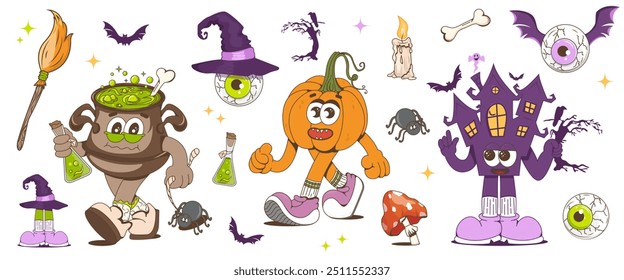 A set of fashionable Halloween characters. Fashionable retro style of the 70s, 80s. Pumpkin, cauldron, castle, groovy hat.