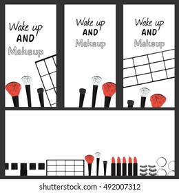 Set of fashionable makeup patches elements like lips, lipstick, powder, rouge. Vector flat design fashion. - stock vector