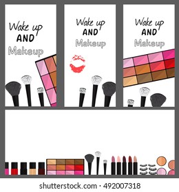 Set of fashionable makeup patches elements like lips, lipstick, powder, rouge. Vector flat design fashion. - stock vector