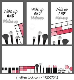 Set of fashionable makeup patches elements like lips, lipstick, powder, rouge. Vector flat design fashion. - stock vector