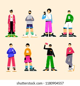 set of fashionable male characters in flat style on yellow background