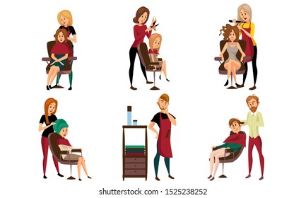 Set of fashionable men and women at the hairdresser. Vector illustration.