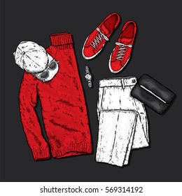 A set of fashionable men's clothing. Pants, sweaters, shoes, cap, sunglasses and handbag. Vector illustration.