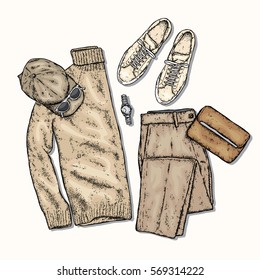 A set of fashionable men's clothing. Pants, sweaters, shoes, cap, sunglasses and handbag. Vector illustration.