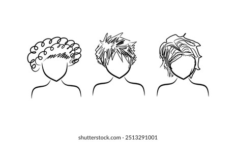 Set of fashionable men's hairstyles for designers isolated on white background. Close-up vector line sketch of boy. Vector realistic line illustration