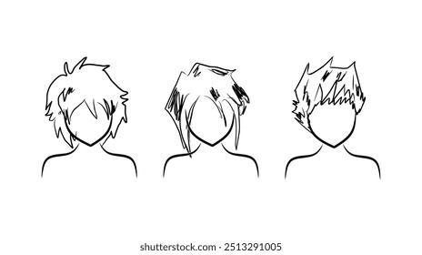 Set of fashionable men's hairstyles for designers isolated on white background. Close-up vector line sketch of boy. Vector realistic line illustration