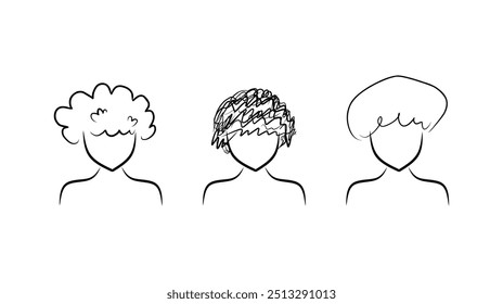 Set of fashionable men's hairstyles for designers isolated on white background. Close-up vector line sketch of boy. Vector realistic line illustration