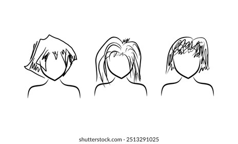 Set of fashionable men's hairstyles for designers isolated on white background. Close-up vector line sketch of boy. Vector realistic line illustration