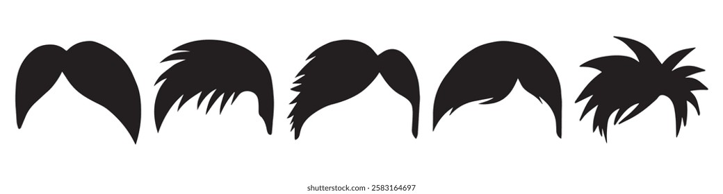 Set of fashionable mens hairstyles in different form black icons set collection for design. Stylish boys haircut vector symbol. Male hair clipart. Human salon hair, short hair. Black barber icon