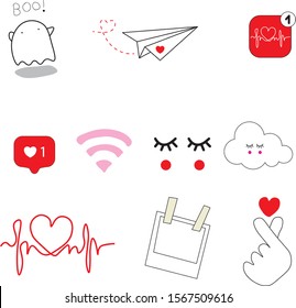Set of fashionable patches elements like heart, cast, cloud, lips, airplane, eyes. Vector hand drawn cute and funny fashion stikers kit. Modern doodle pop art sketch badges and pins.