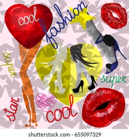 Set of fashionable patches elements like heart, lips, print of lips,female legs in fashion shoes, feet high heels,star.Vector cute,fashion stikers kit. Modern doodle pop art sketch badges and pins.
