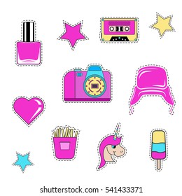 Set of fashionable patches elements star, heart, ear flaps, cassette player, french fries, unicorn, nail polish, cream, camera. Set of stickers, pins, patches in cartoon comic retro style