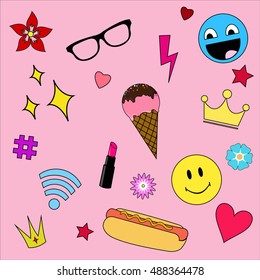 Set of fashionable patches elements. Vector illustration isolated on rose background.
