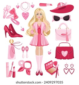 Juego de ropa y accesorios modernos de muñecas rosadas. Un juego de muñecas rosa de moda. Altos talones, bolsas, pendientes, gafas, accesorios para el cabello. Juego dibujado a mano. Ilustración del vector 