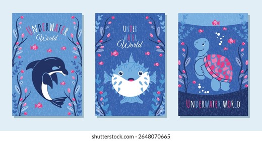 Um conjunto de postais na moda. Cartazes marinhos com golfinhos, tartarugas marinhas e ouriços. Modelo de vetor para projetar capas, publicidade, branding, banners, folhetos e muito mais.