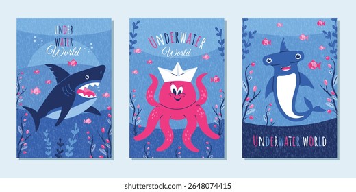 A set of fashionable postcards. Marine posters with marine inhabitants, with fish, shark and octopus. A vector template for designing covers, advertising, branding, banners, flyers, and more.