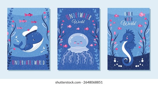 A set of fashionable postcards. Sea posters with a seahorse, a jellyfish and a funny whale in a hat. Vector template for designing covers, advertising, branding, banners, flyers and more.