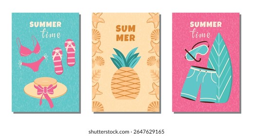 A set of fashionable postcards. Summer posters with pineapple, seashells and objects for the beach. Vector template for designing covers, advertisements, branding, banners and flyers.