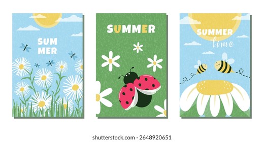 A set of fashionable postcards. Summer posters with flowers, butterflies, bees and ladybug. A vector template for designing covers, advertising, branding, banners, flyers, and more.