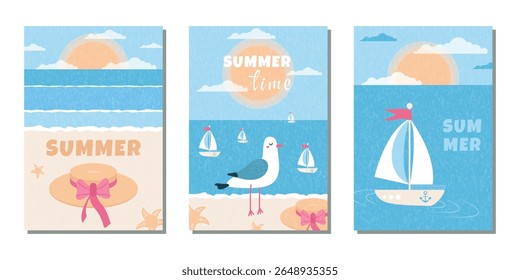 A set of fashionable postcards. Summer posters with a sailboat, a summer hat and a seagull . A vector template for designing covers, advertising, branding, banners, and flyers