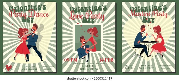 A set of fashionable posters for Valentine's Day with a couple in love. An invitation to an evening of love, martinis, dancing.Love concept. Happy Valentines Day.