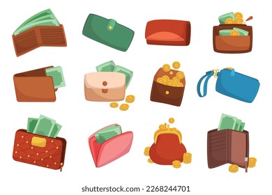 Juego de Bolsas De Moda Con Masa De Efectivo Derramado. Abundancia financiera o de lujo y concepto de riqueza con billeteras llenas con dinero aislado en fondo blanco. Ilustración del vector de dibujos animados