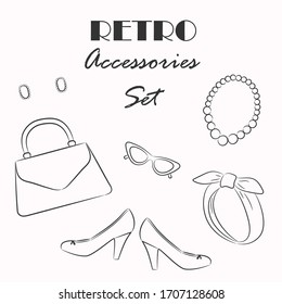 Set of Fashionable Retro Accessories. Details of Woman's Vintage Style. Minimalist Outline Isolated Beads, Glasses, Handbag, Earrings, Bandage and Shoes. Vector Illustration