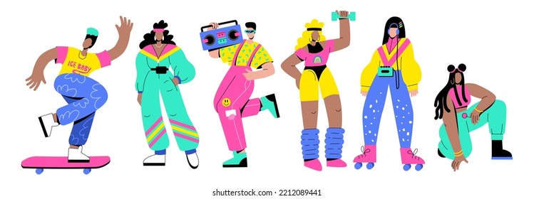 A set of fashionable retro people of the 90s, 80s. Women and men in bright clothes. Retro style party