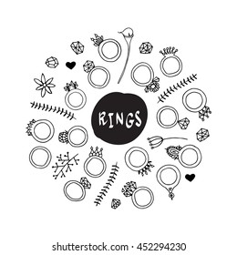 Set of fashionable rings and stones, design elements. Isolated on white. Hand drawn vector black and white illustration. Doodles for woman, girl, lady. Stylish jewellery, accessories.