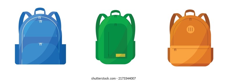 Set of fashionable school backpacks with clasps. An open backpack with books and notebooks. Backpacks for teenagers. Flat cartoon vector illustration.