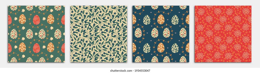 Set of fashionable seamless patterns for a happy Easter. Painted eggs with flowers and butterflies. Can be used for ceramic tiles, wallpaper, textiles, backgrounds.  