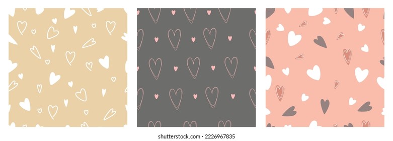 Eine Reihe von modischen, nahtlosen Mustern. Herzen verschiedener Größen und Typen, weiß, rosa, grau, Herzkonturen, Linien. Für Modestoffe, Kinderbekleidung, Inneneinrichtung.