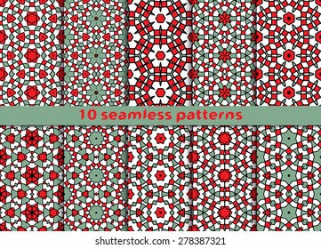 Set of fashionable seamless patterns. Ten complicated ornaments with Swatch for filling.