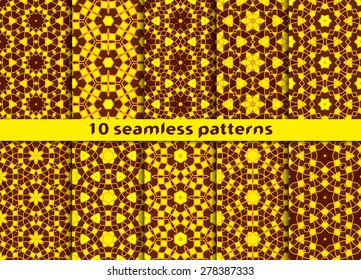 Set of fashionable seamless patterns. Ten complicated ornaments with Swatch for filling.