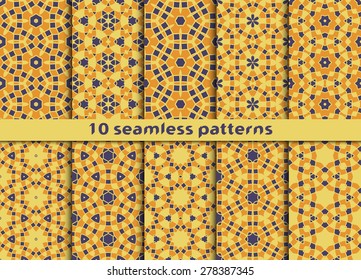 Set of fashionable seamless patterns. Ten complicated ornaments with Swatch for filling.