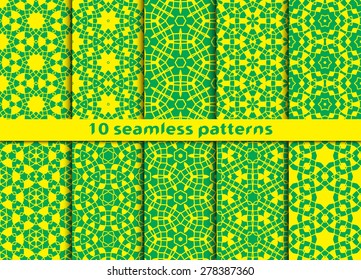 Set of fashionable seamless patterns. Ten complicated ornaments with Swatch for filling.
