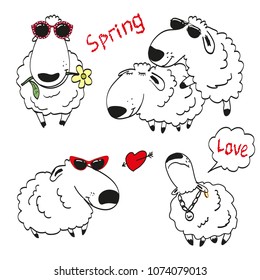 A set of fashionable sheep and lambs. Spring mood. Love. Without background