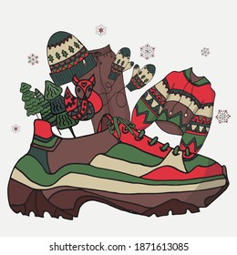 set of fashionable sneakers and clothes. Vector illustration.