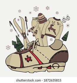 set of fashionable sneakers and clothes. Vector illustration.