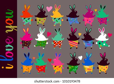 A set of fashionable and stylish rabbits. Enamored rabbits gathered at the disco. Greeting card. Ideal for Easter and St. Valentine's Day.