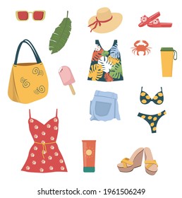 A set of fashionable summer women's clothing. A woman's outfit is a swimsuit, dress, T-shirt, shorts and accessories.  Vector illustration on a white background.